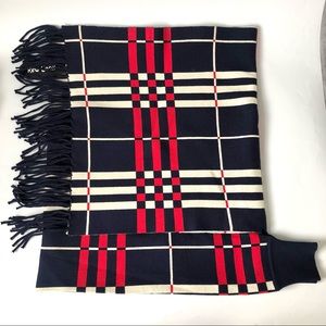 Red Coral collections Red/Navy/ivory Plaid with Sleeves Frayed Reversible Wrap